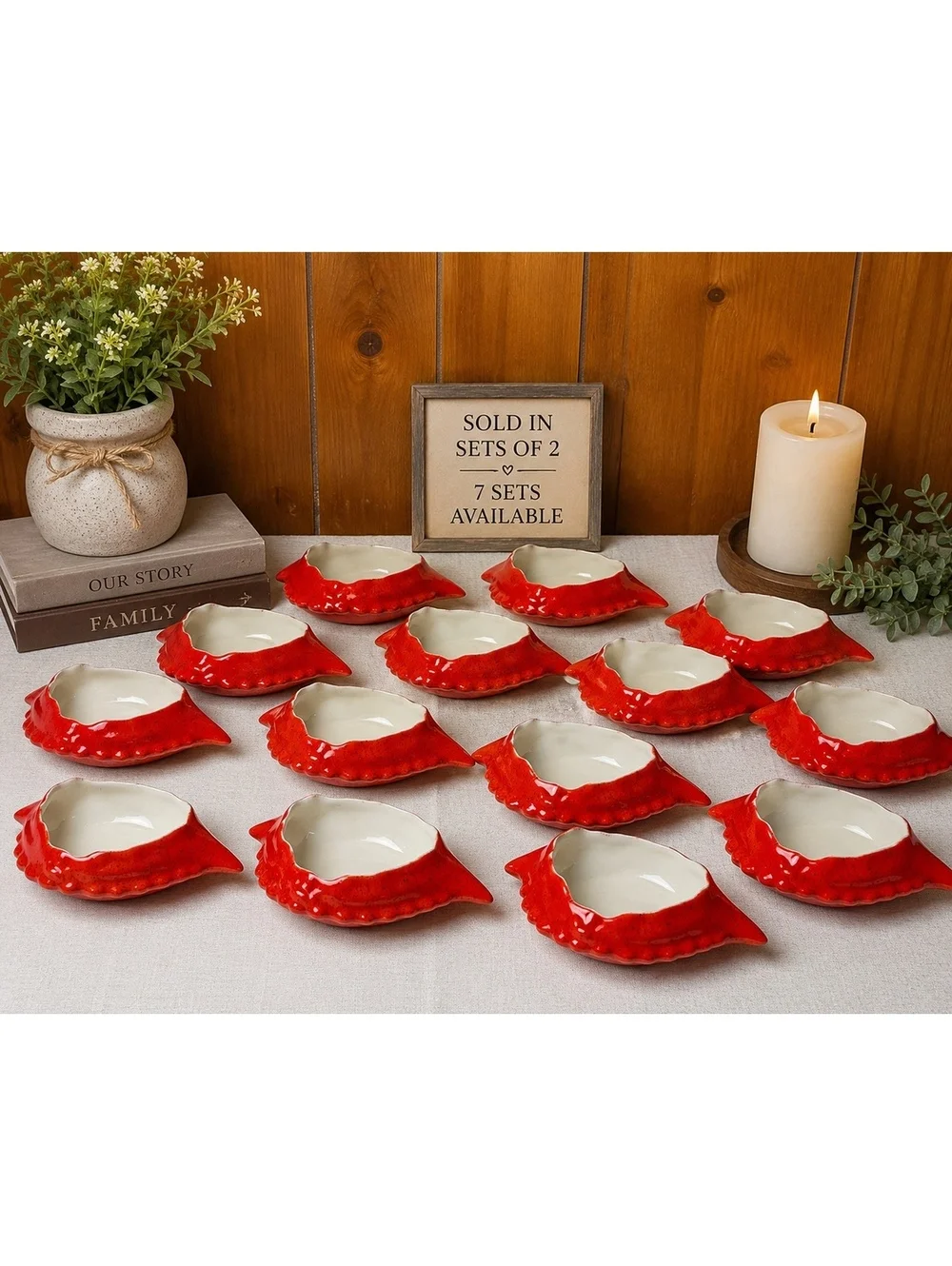 Vintage Red Crab Shell Ceramic Appetizer Dishes Set of 2 Coastal Seafood